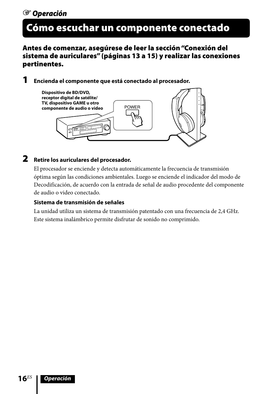 Cómo escuchar un componente conectado, Operación | Sony MDR-DS6500 User Manual | Page 72 / 88