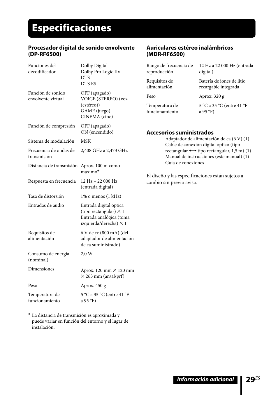 Especificaciones | Sony MDR-DS6500 User Manual | Page 85 / 88