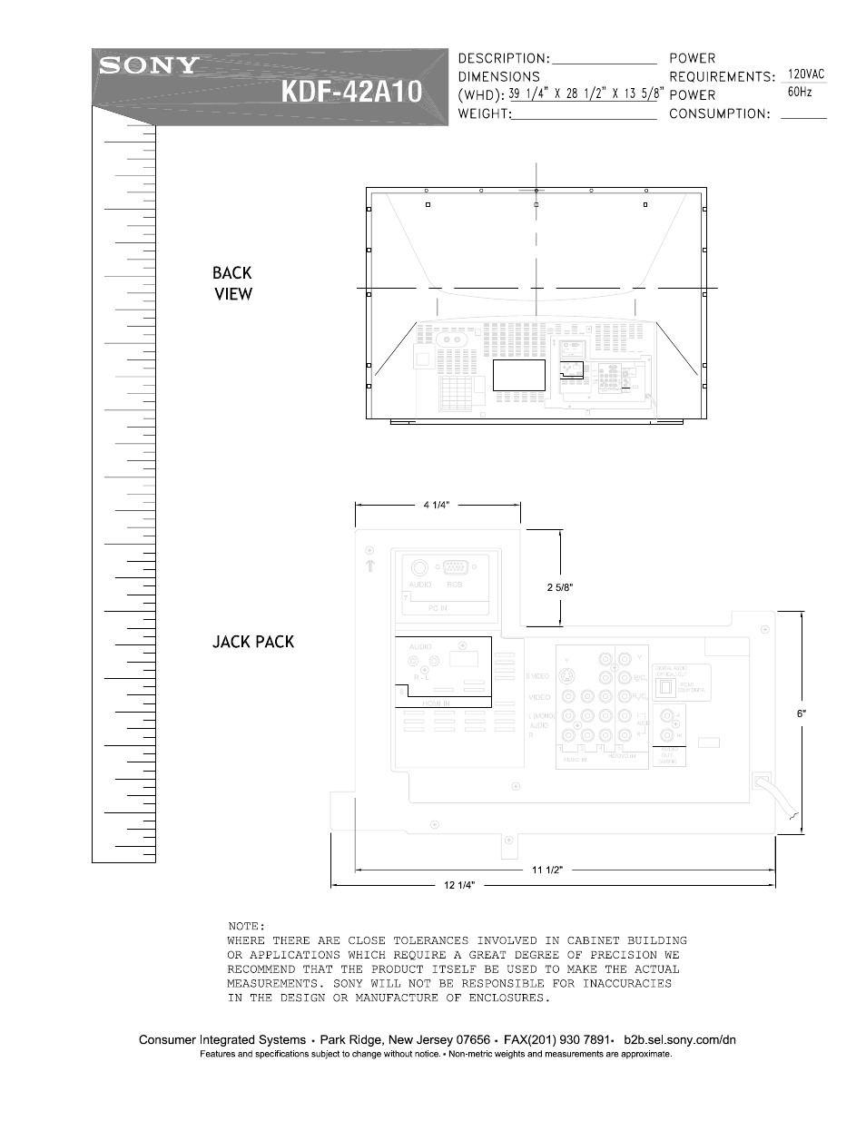 Sony, Kdf-42a10, Back | View, Jack pack | Sony KDF-E42A10 User Manual | Page 2 / 2