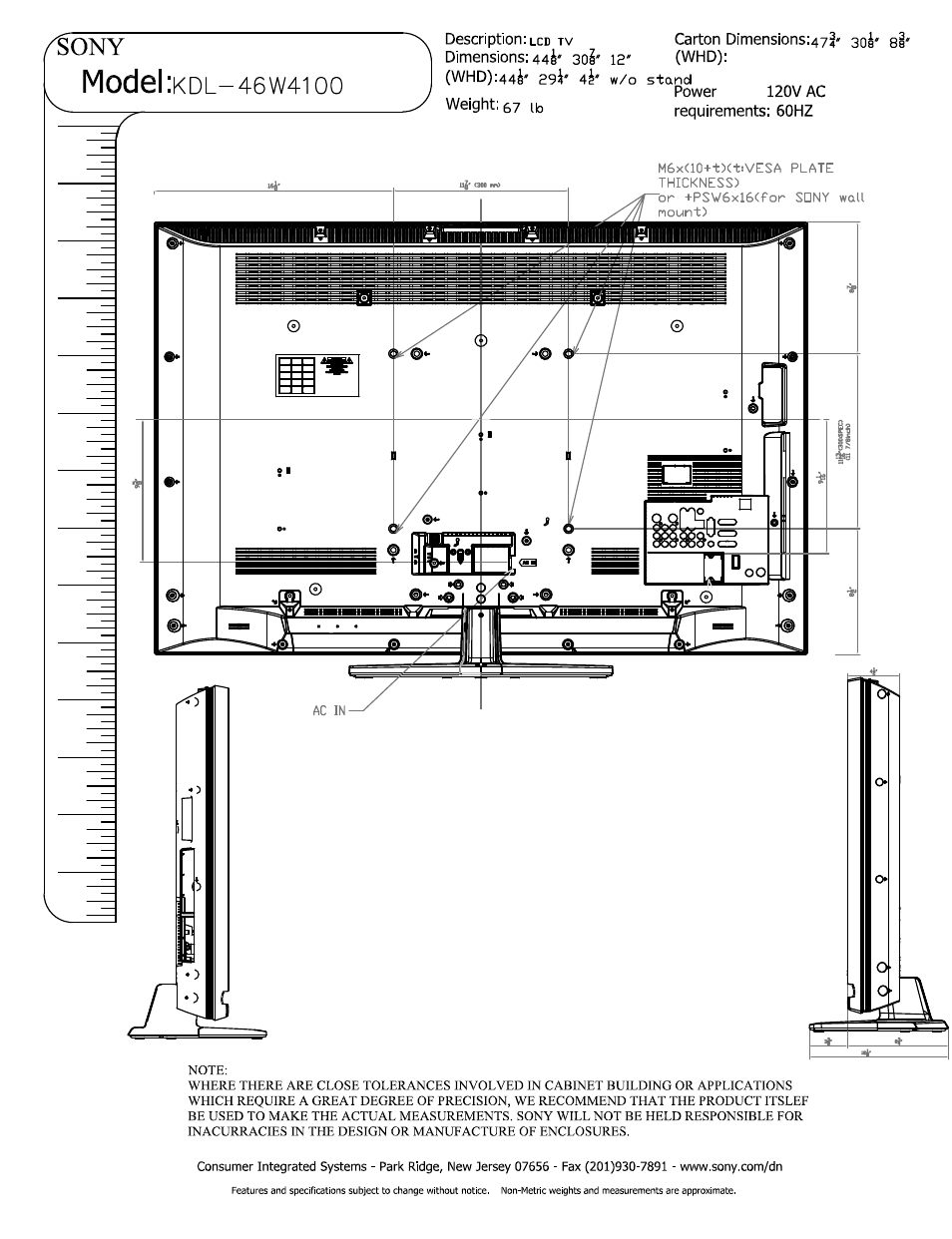 Model, 44j-asi-4l | Sony KDL-46W4100 User Manual | Page 2 / 3