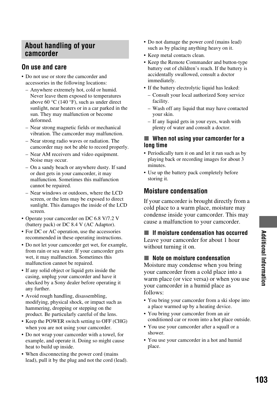 About handling of your camcorder, P. 103), On use and care | Moisture condensation | Sony HDR-SR10 User Manual | Page 103 / 119