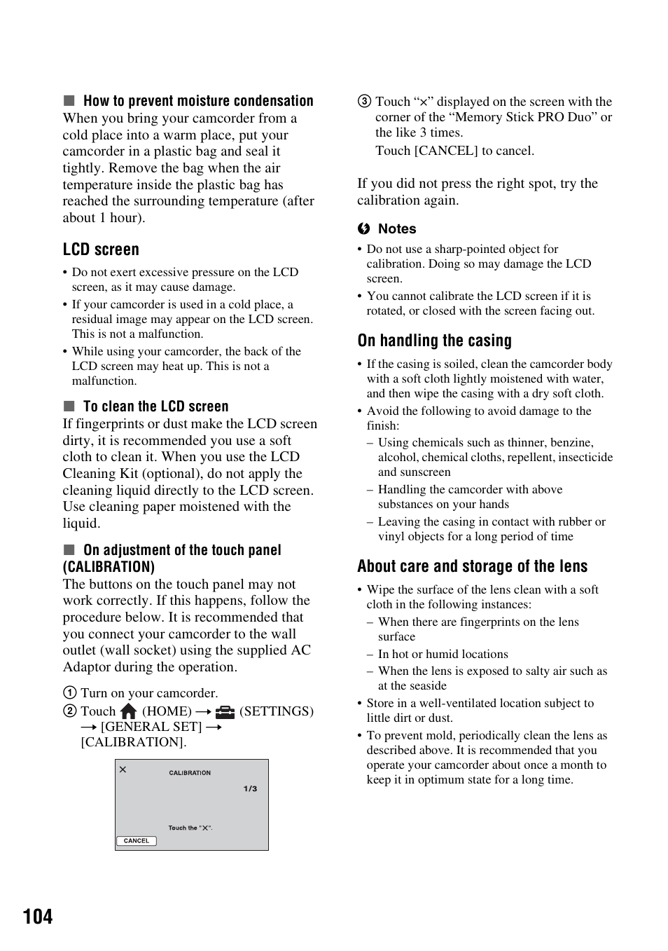 P. 104, P. 104), Lcd screen | On handling the casing, About care and storage of the lens | Sony HDR-SR10 User Manual | Page 104 / 119