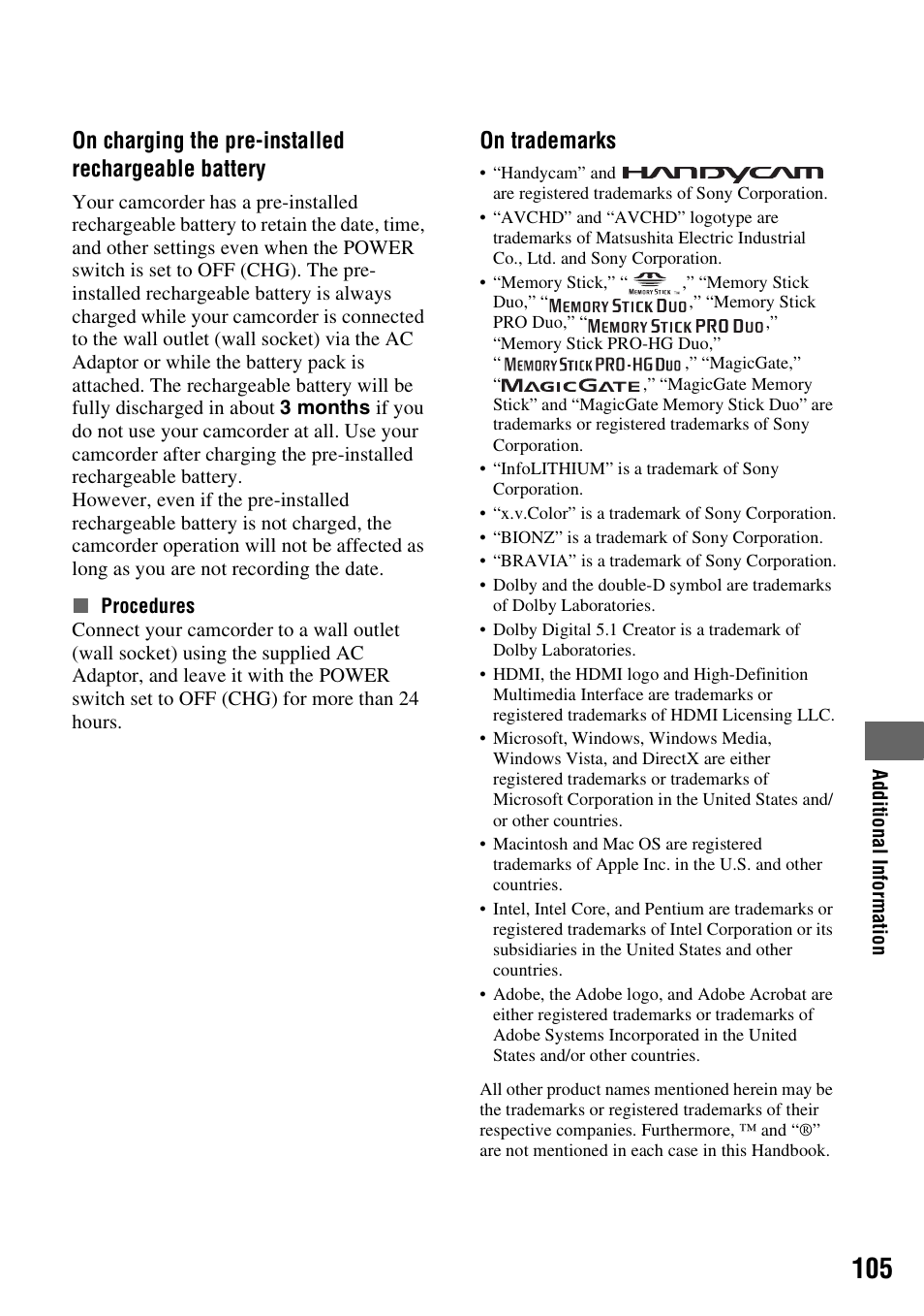 N (p. 105), On charging the pre-installed rechargeable battery, On trademarks | Sony HDR-SR10 User Manual | Page 105 / 119