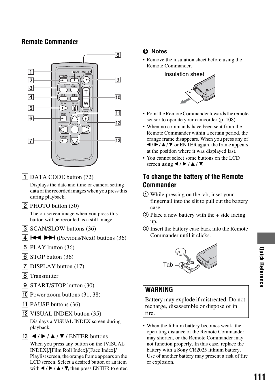 P. 111), Remote commander, Warning | Sony HDR-SR10 User Manual | Page 111 / 119