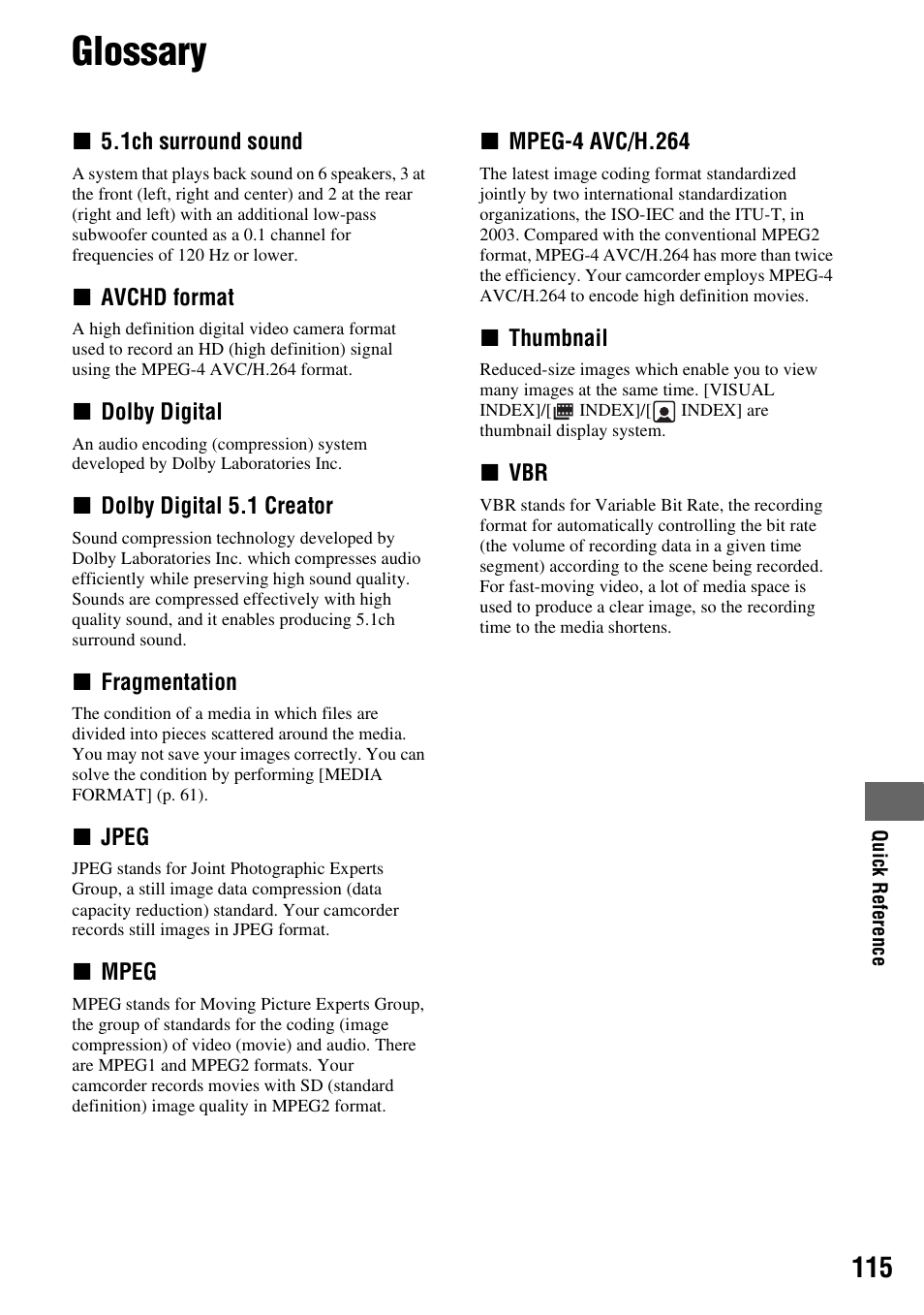 Glossary, P. 115) | Sony HDR-SR10 User Manual | Page 115 / 119