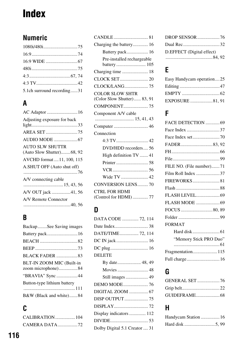 Index, Numeric | Sony HDR-SR10 User Manual | Page 116 / 119