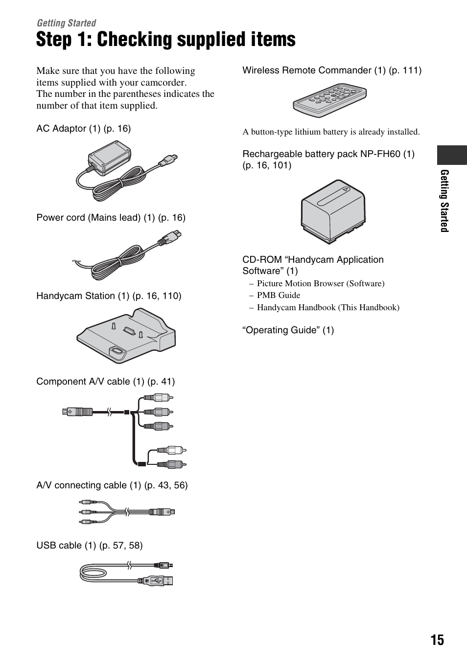 Getting started, Step 1: checking supplied items, P. 15) | Sony HDR-SR10 User Manual | Page 15 / 119