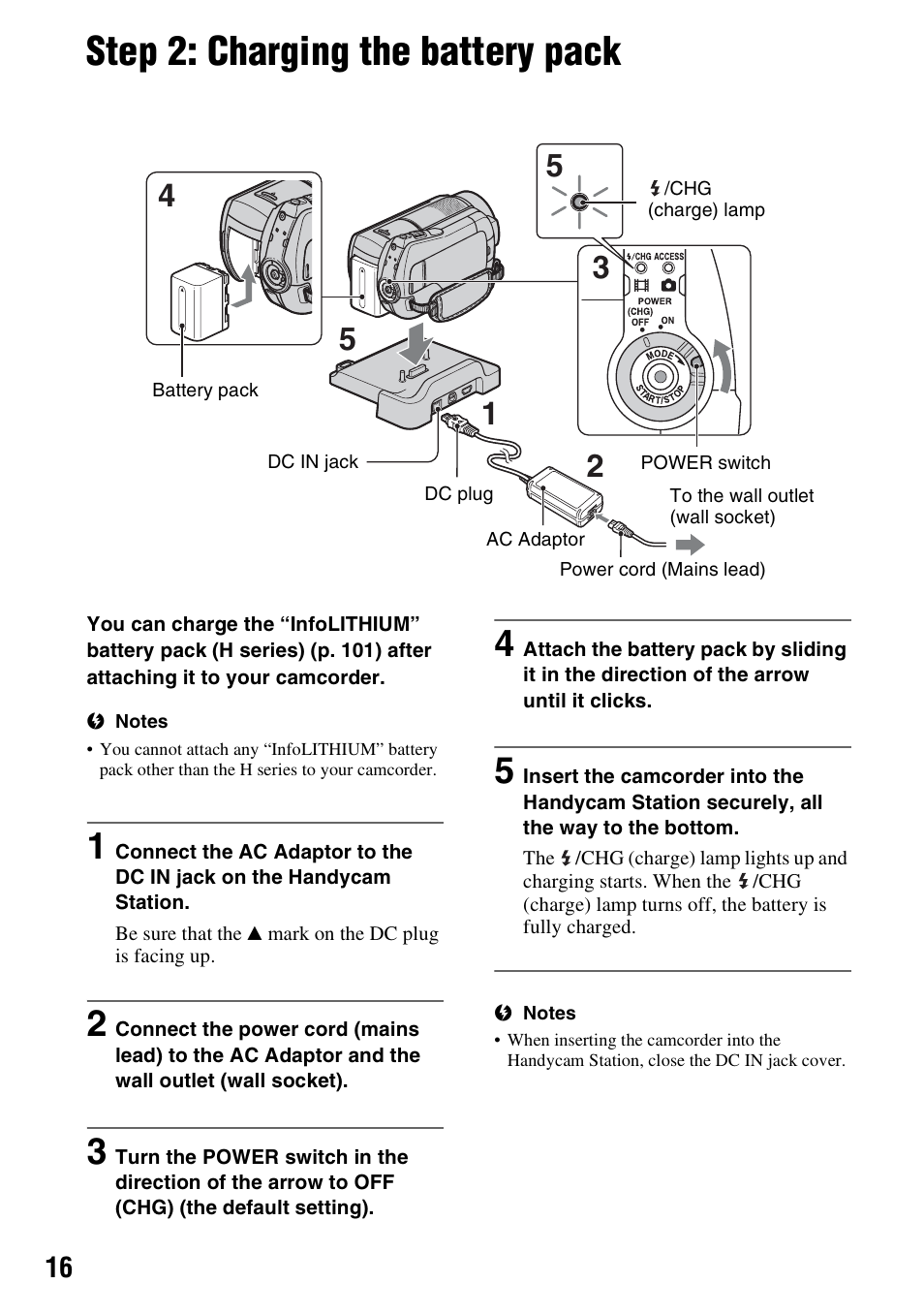 Step 2: charging the battery pack, P. 16), N (1) (p. 16 | P. 16 | Sony HDR-SR10 User Manual | Page 16 / 119