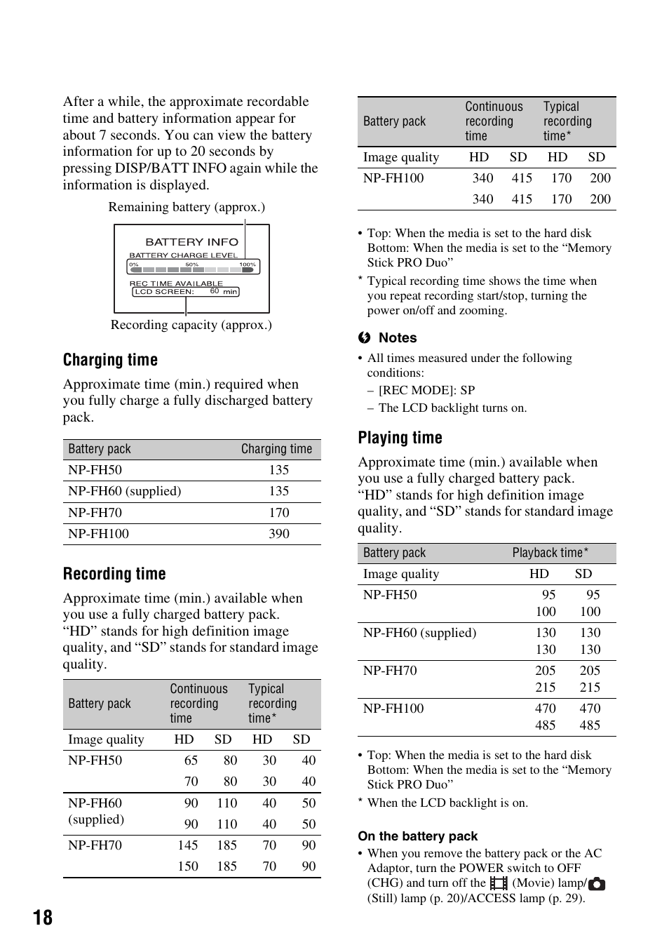 Charging time, Recording time, Playing time | Sony HDR-SR10 User Manual | Page 18 / 119
