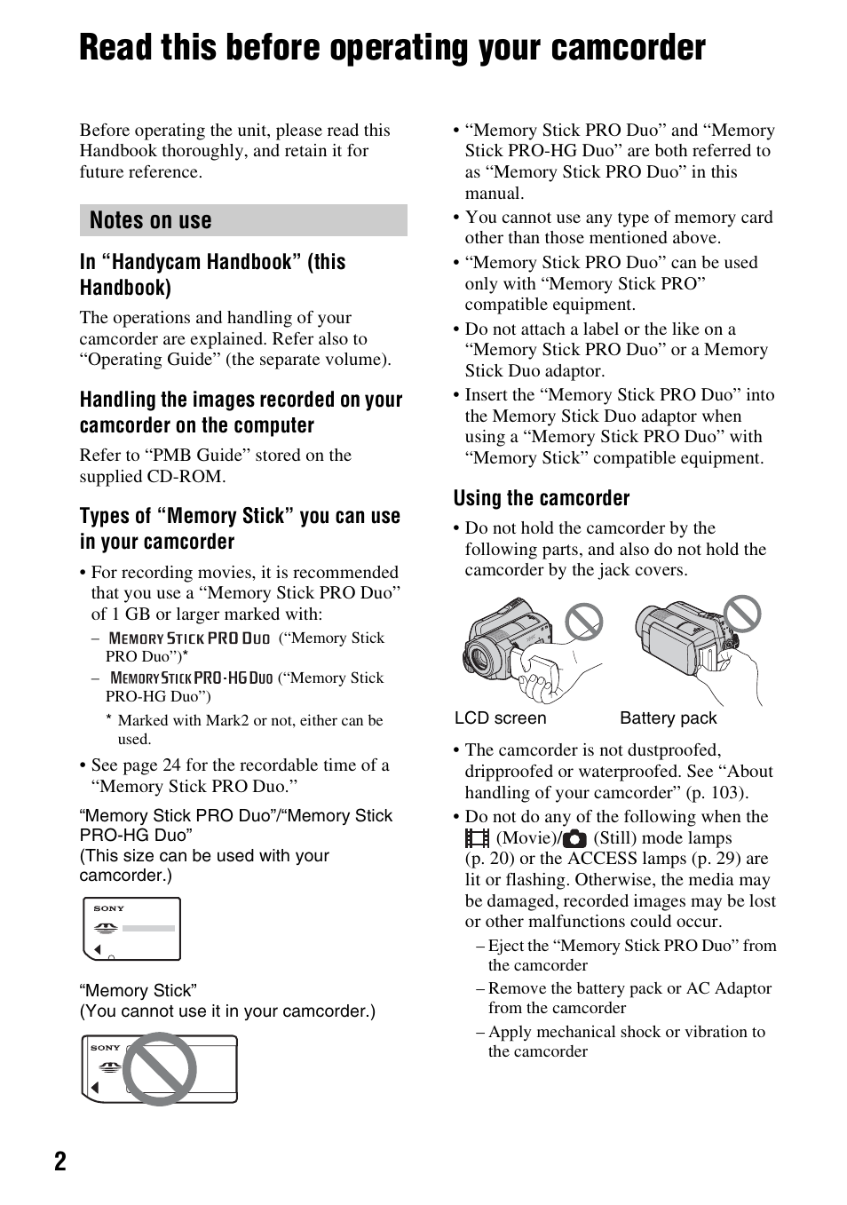 Read this before operating your camcorder | Sony HDR-SR10 User Manual | Page 2 / 119