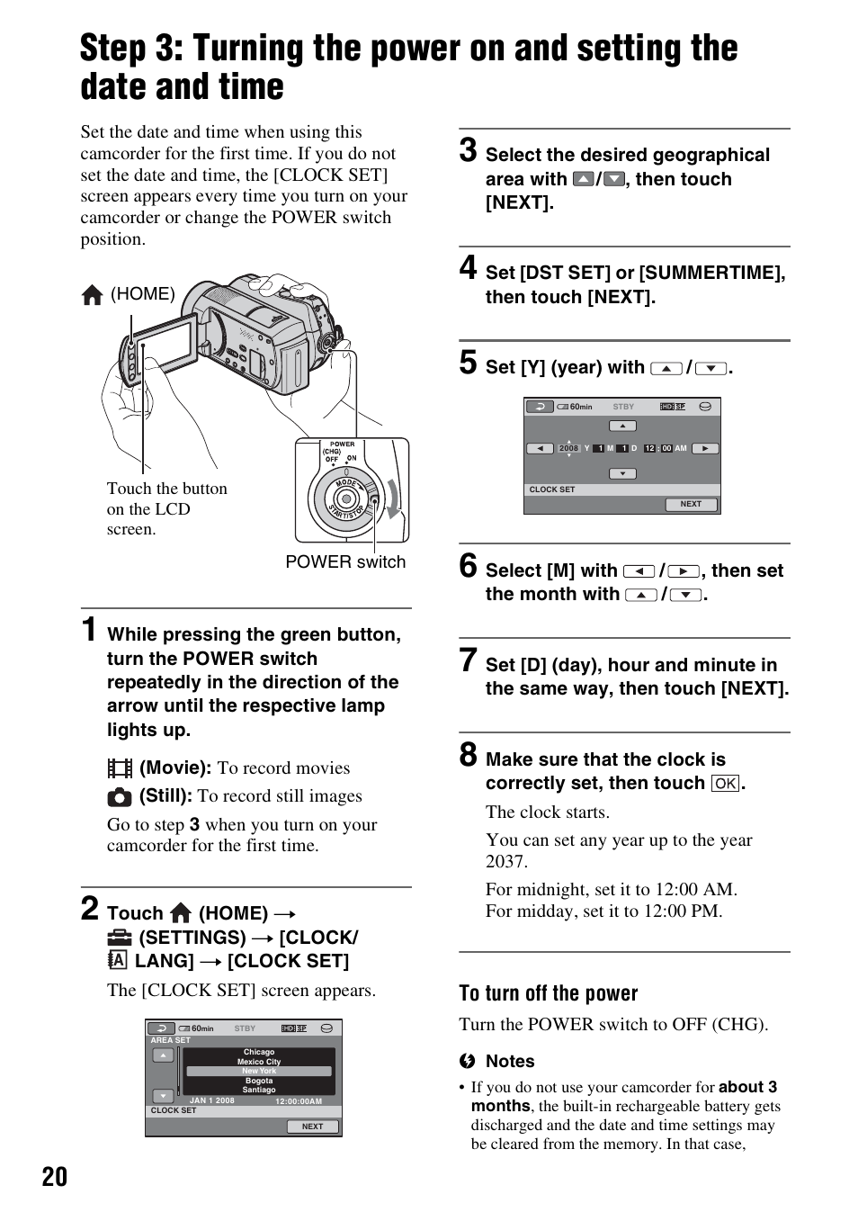 P. 20) or t, Step 3: turning the power on and, Setting the date and time | Sony HDR-SR10 User Manual | Page 20 / 119