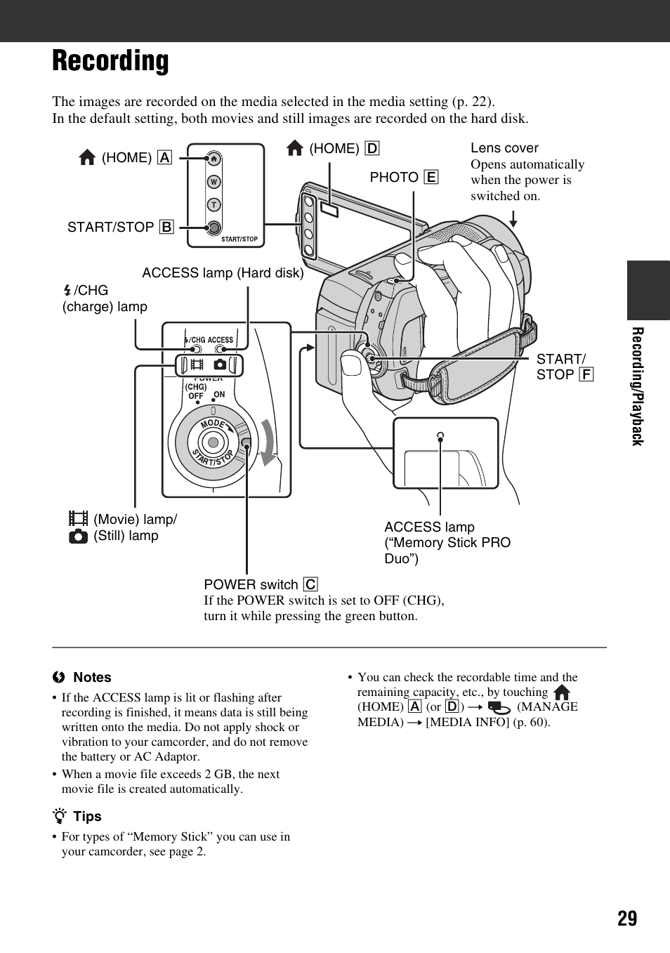 Recording, P. 29 | Sony HDR-SR10 User Manual | Page 29 / 119