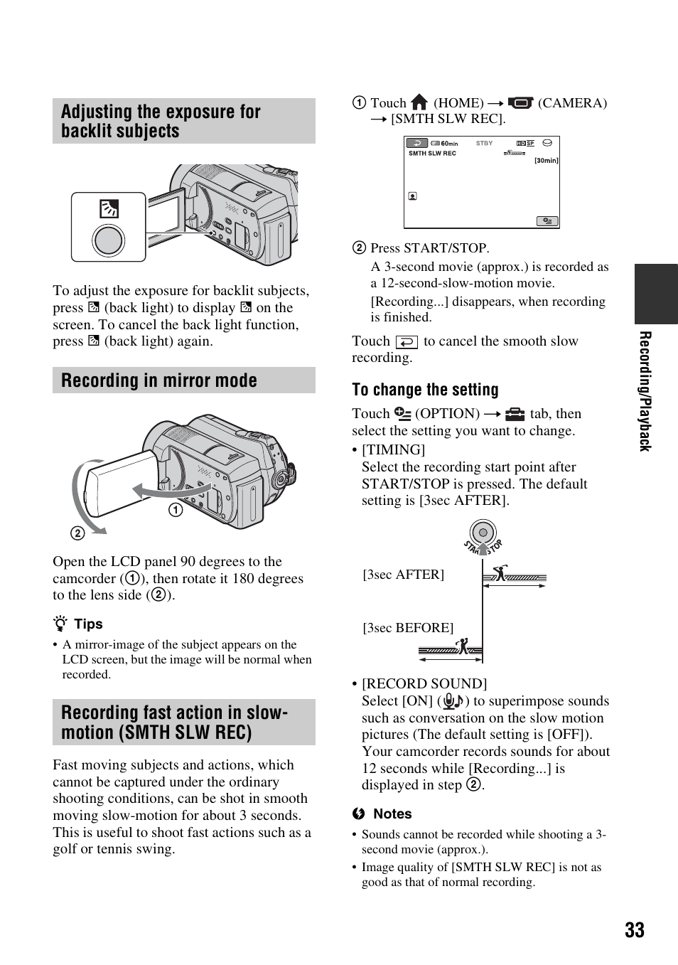 Adjusting the exposure for backlit subjects, Recording in mirror mode, Adjusting the exposure for backlit | Subjects, 33 recording fast action in slow-motion, Smth slw rec) | Sony HDR-SR10 User Manual | Page 33 / 119