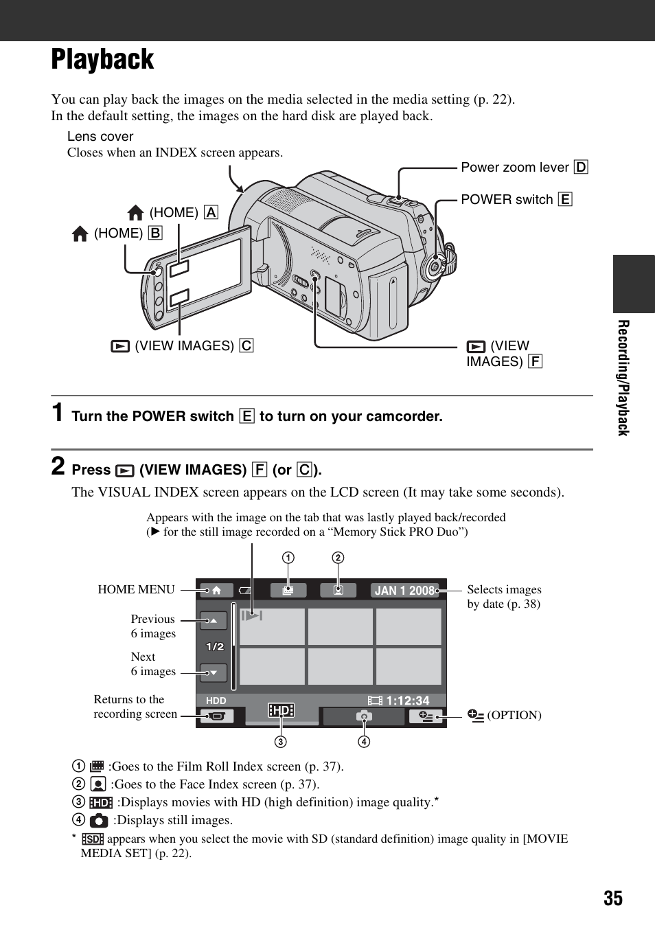 Playback, P. 35) | Sony HDR-SR10 User Manual | Page 35 / 119