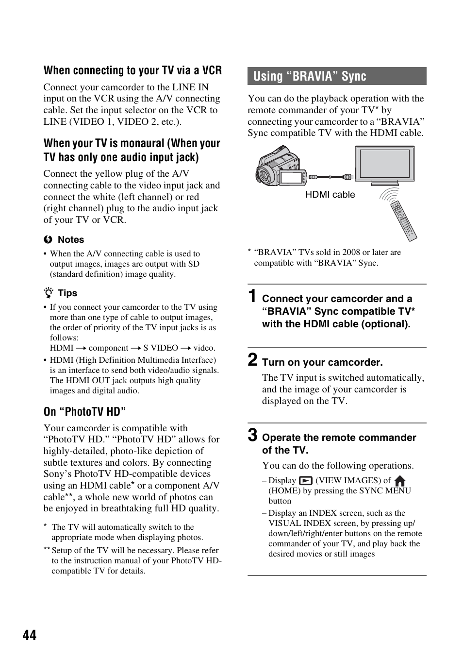 Using “bravia” sync | Sony HDR-SR10 User Manual | Page 44 / 119