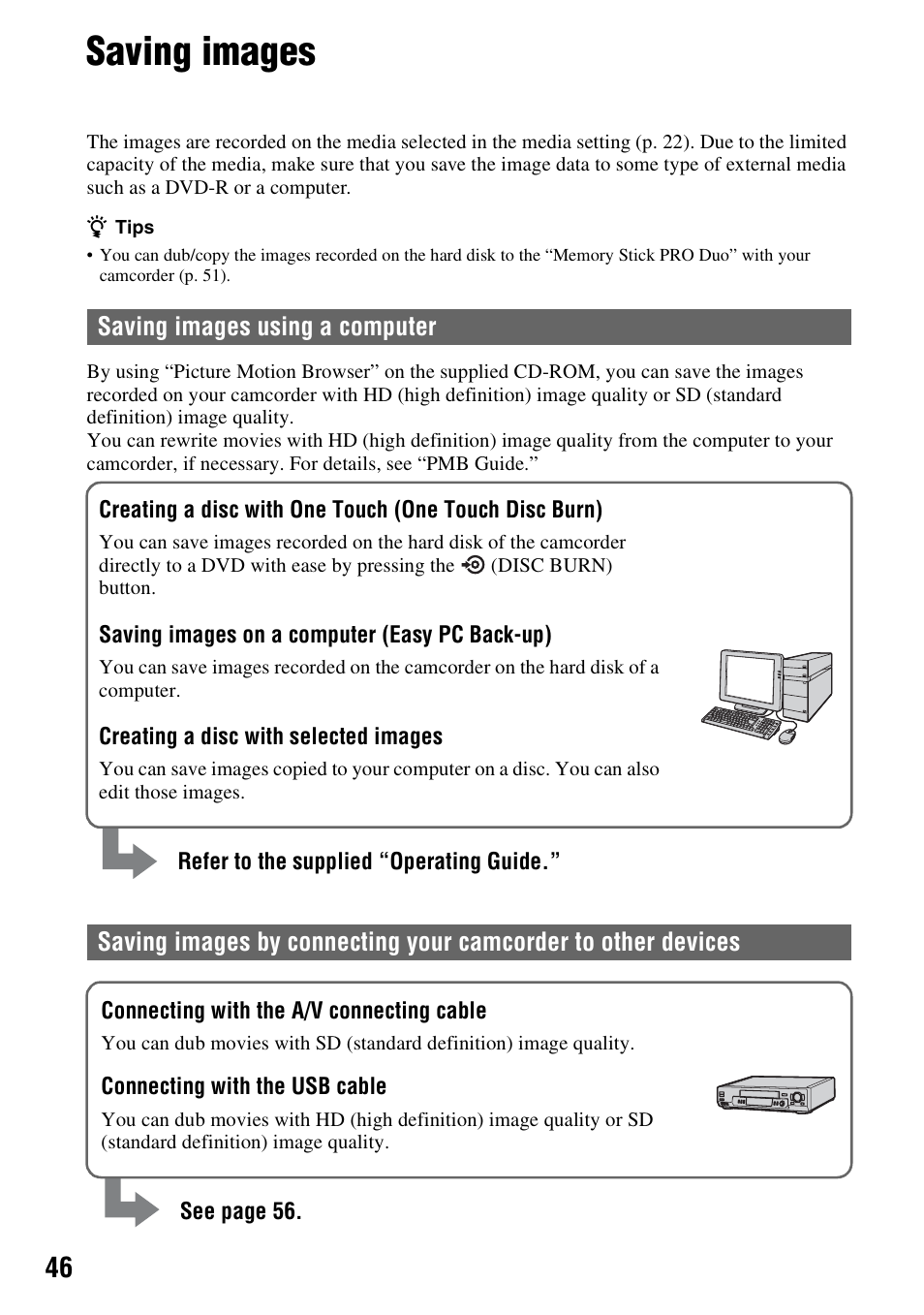 Saving images, P. 46), Saving images using a computer | Sony HDR-SR10 User Manual | Page 46 / 119