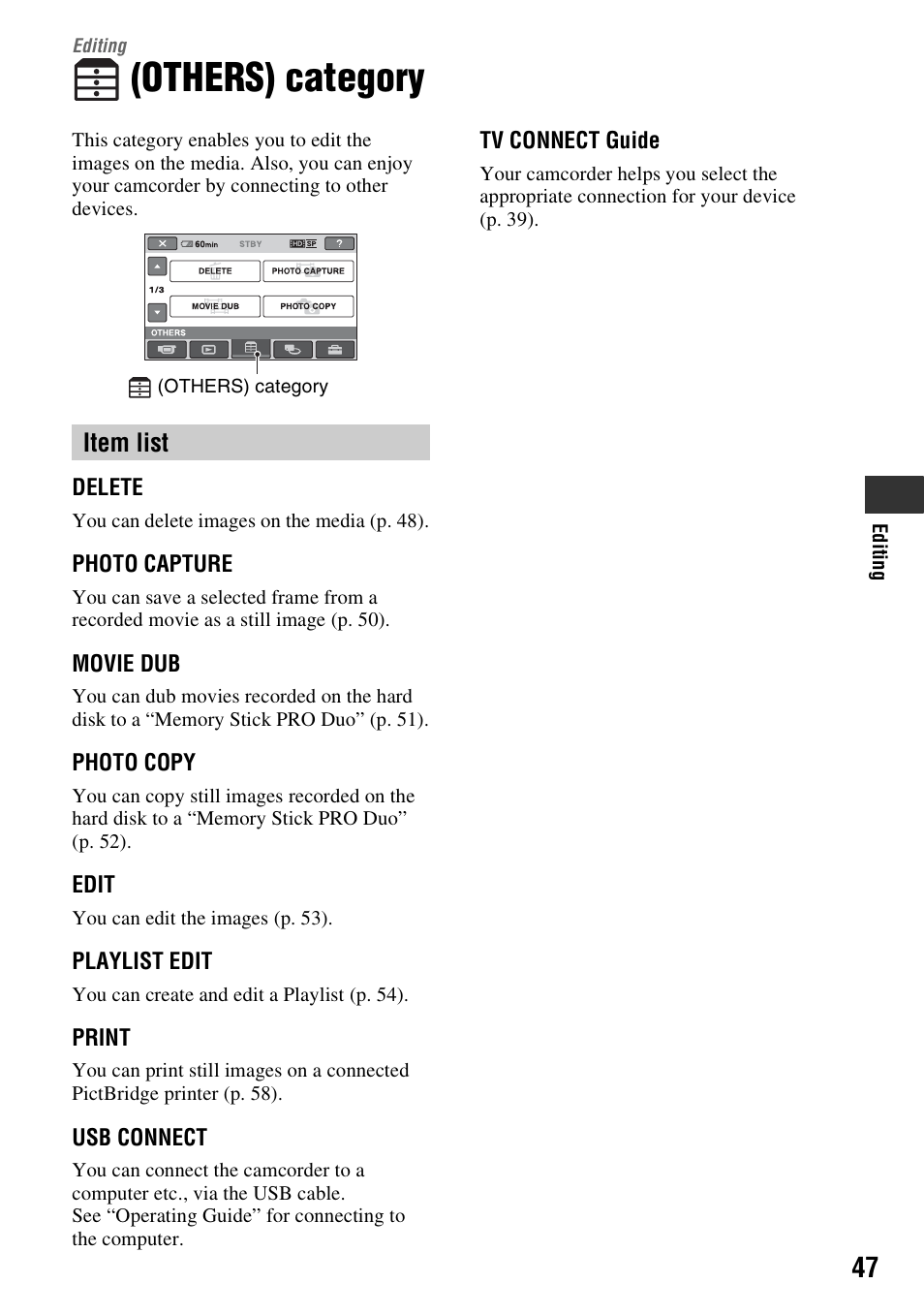 Editing, Others) category, Item list | Sony HDR-SR10 User Manual | Page 47 / 119
