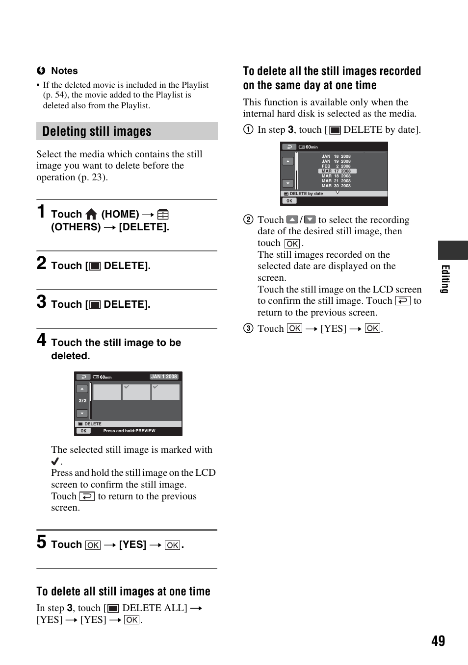 Deleting still images | Sony HDR-SR10 User Manual | Page 49 / 119