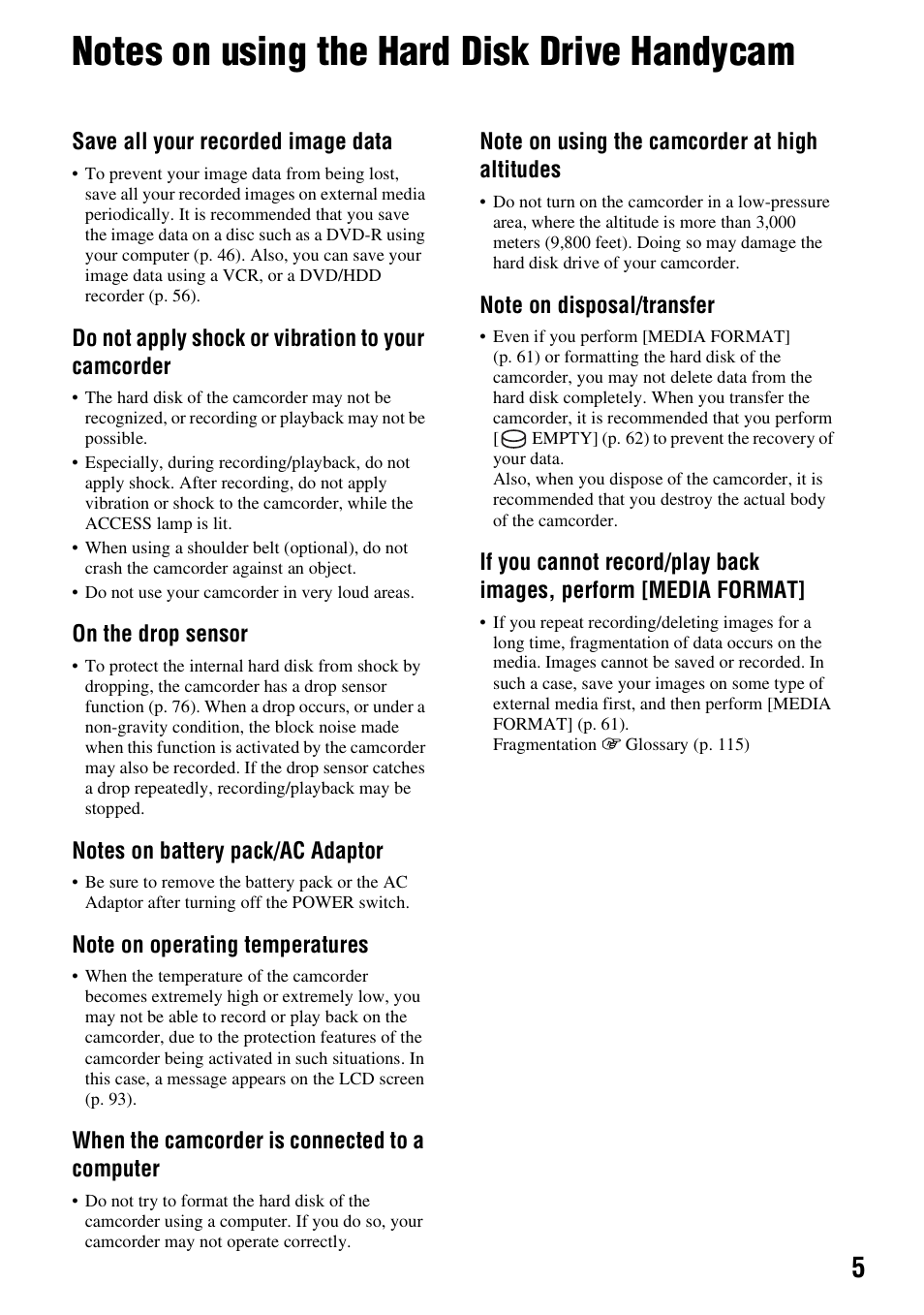 Notes on using the hard disk drive handycam | Sony HDR-SR10 User Manual | Page 5 / 119