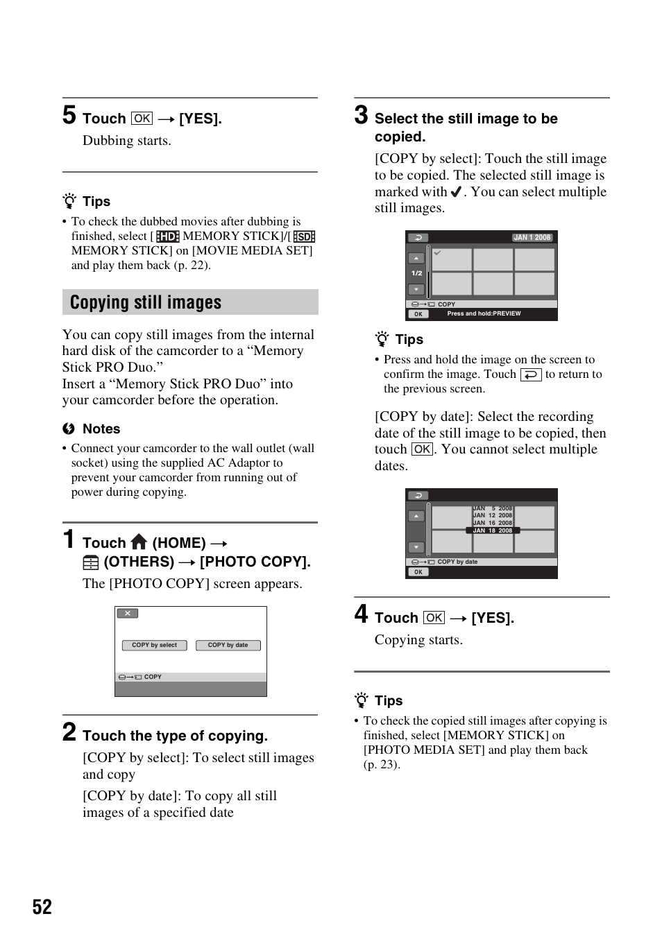 P. 52), Copying still images | Sony HDR-SR10 User Manual | Page 52 / 119