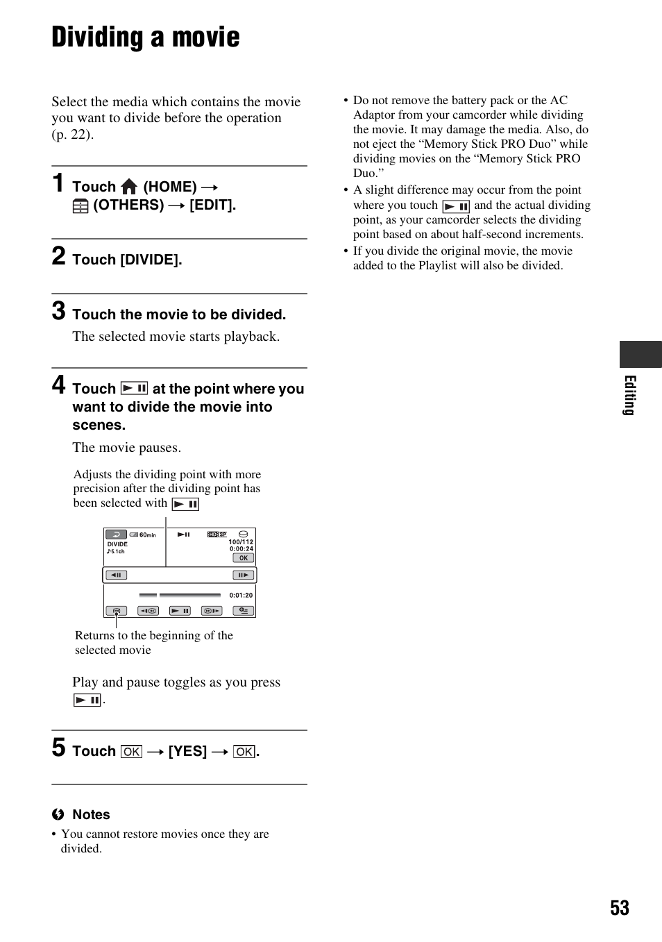 Dividing a movie, P. 53) | Sony HDR-SR10 User Manual | Page 53 / 119