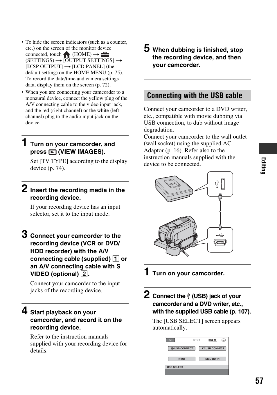 E (1) (p. 57, Connecting with the usb cable | Sony HDR-SR10 User Manual | Page 57 / 119