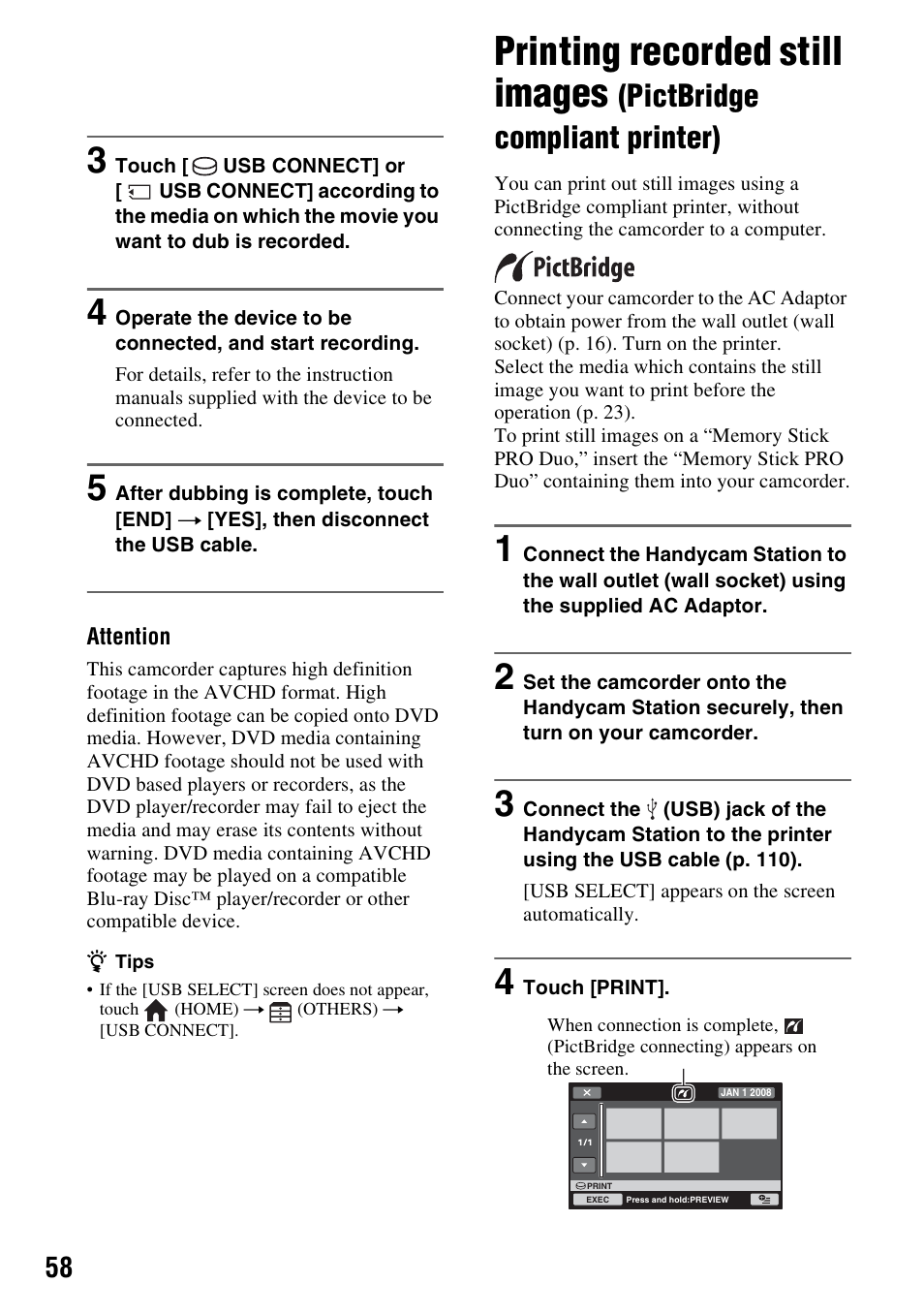 Printing recorded still images, Pictbridge compliant printer), R (p. 58) | Sony HDR-SR10 User Manual | Page 58 / 119