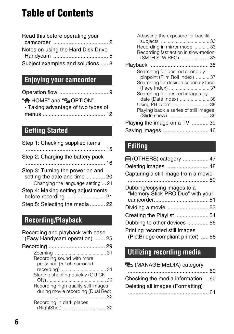 Sony HDR-SR10 User Manual | Page 6 / 119