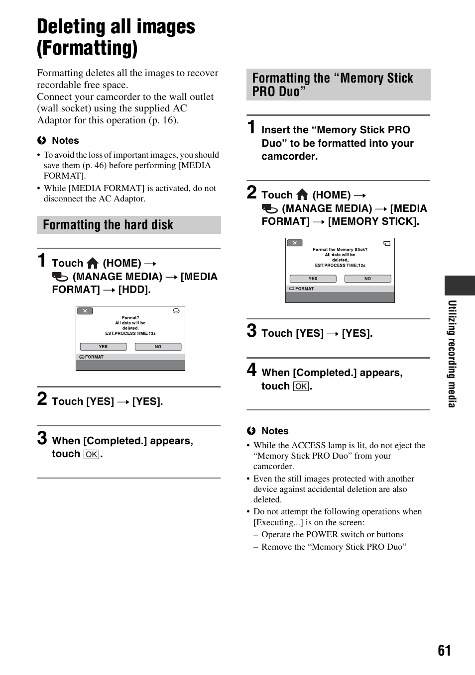 Deleting all images (formatting), P. 61), P. 61 | Formatting the hard disk | Sony HDR-SR10 User Manual | Page 61 / 119