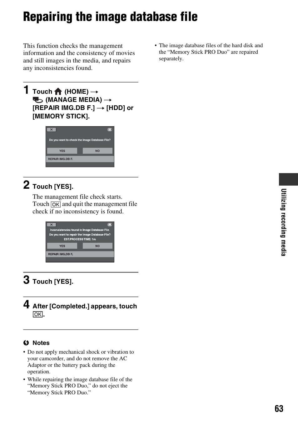 Repairing the image database file, P. 63 | Sony HDR-SR10 User Manual | Page 63 / 119