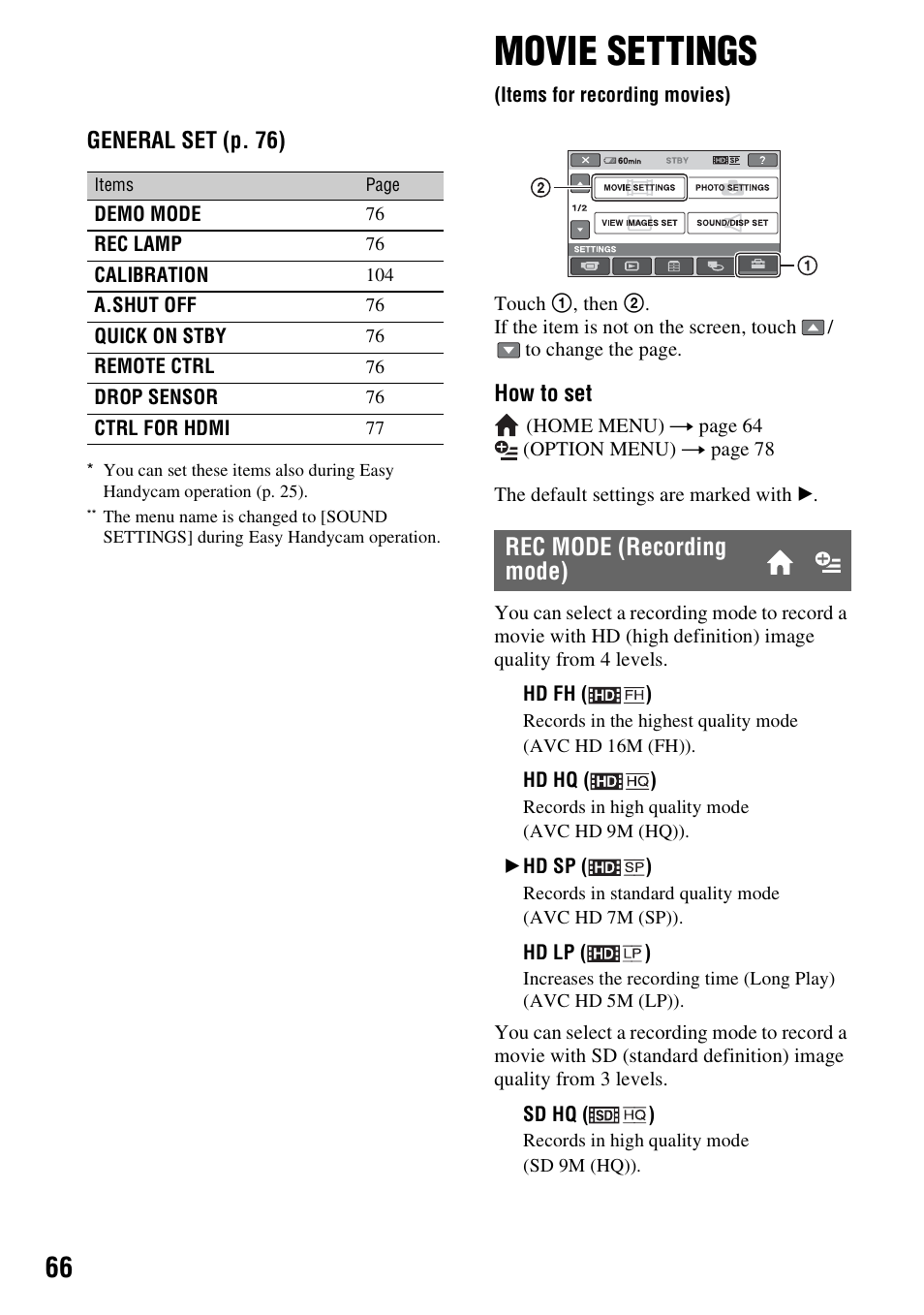 Movie settings, Items for recording movies), P. 66) | Rec mode (recording mode) | Sony HDR-SR10 User Manual | Page 66 / 119
