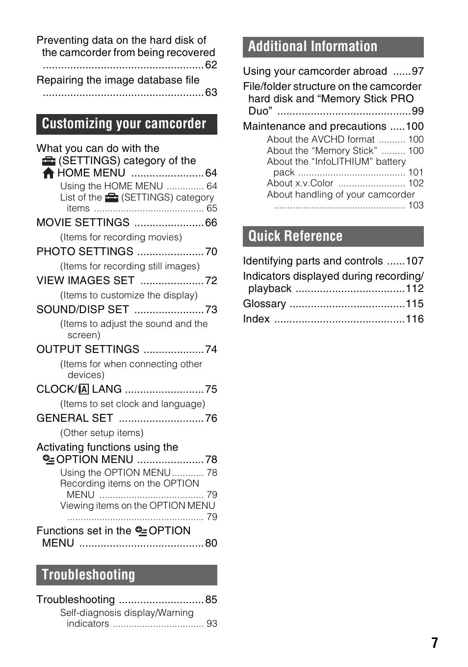 Sony HDR-SR10 User Manual | Page 7 / 119
