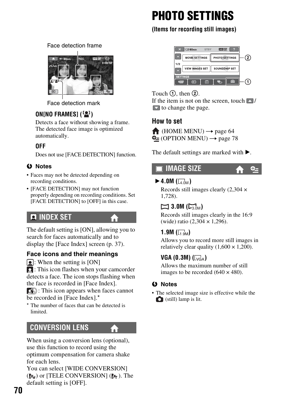 Photo settings, Items for recording still images), P. 70) | Index set conversion lens, Image size | Sony HDR-SR10 User Manual | Page 70 / 119