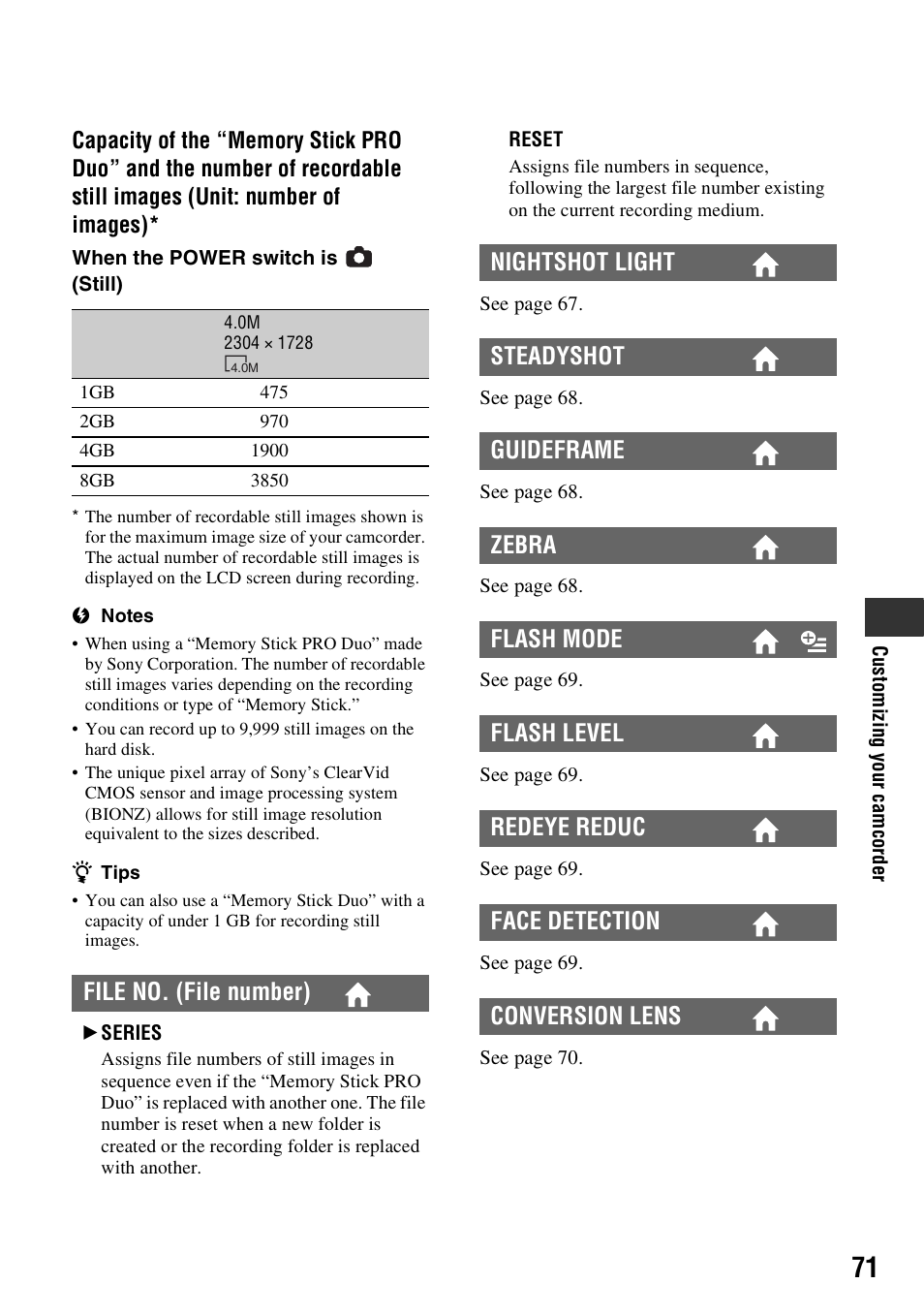 File no. (file number) | Sony HDR-SR10 User Manual | Page 71 / 119