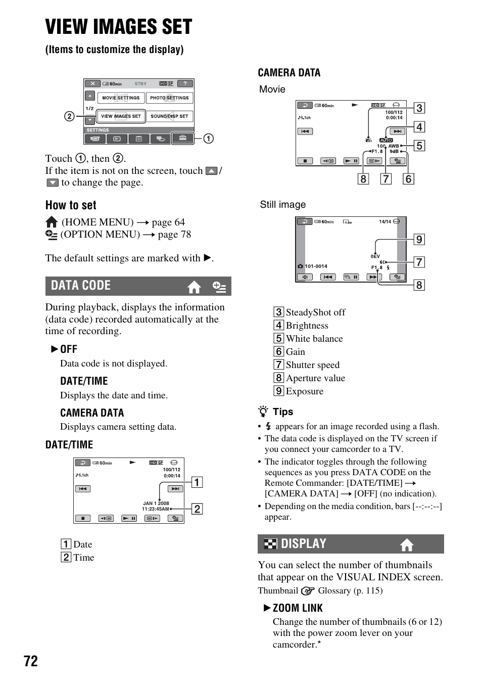 View images set, Items to customize the display), P. 72) | Data code, Display, How to set | Sony HDR-SR10 User Manual | Page 72 / 119