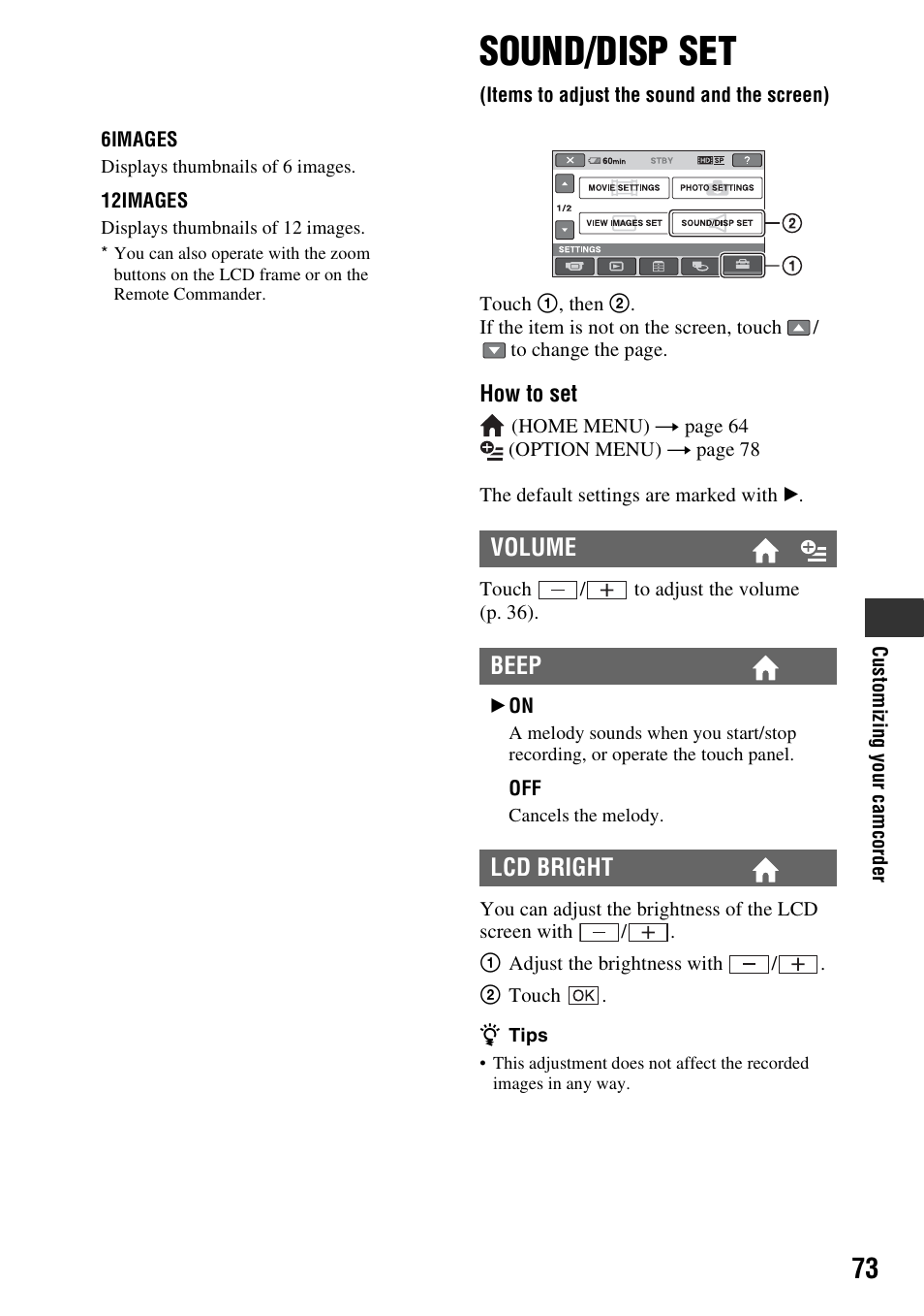 Sound/disp set, Items to adjust the sound and the screen), Items to adjust the sound and the | Screen), P. 73) | Sony HDR-SR10 User Manual | Page 73 / 119