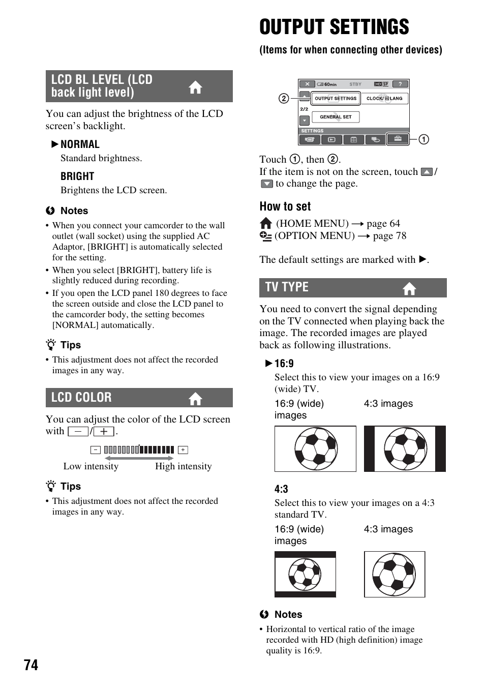 Output settings, Items for when connecting other devices), Items for when connecting other | Devices), P. 74), P. 74, Lcd bl level (lcd back light level) lcd color, Tv type | Sony HDR-SR10 User Manual | Page 74 / 119