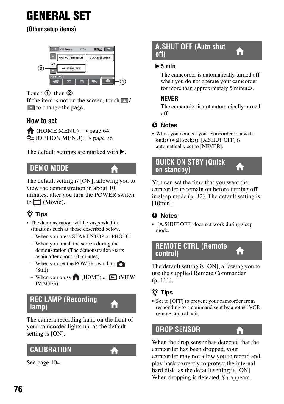 General set, Other setup items), P. 76 | P. 76), T (p. 76, Demo mode rec lamp (recording lamp) calibration | Sony HDR-SR10 User Manual | Page 76 / 119