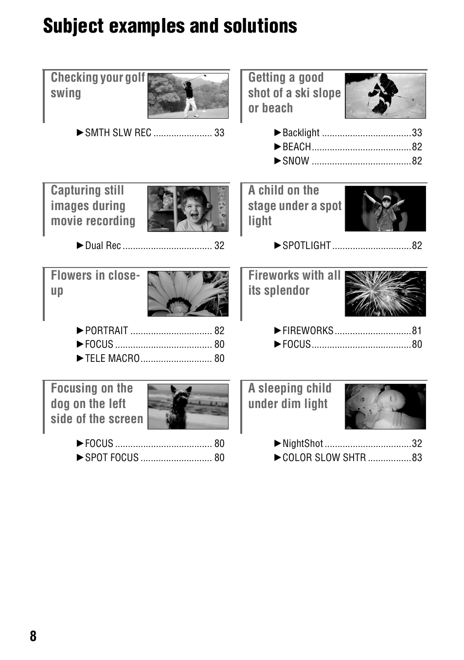 Subject examples and solutions | Sony HDR-SR10 User Manual | Page 8 / 119