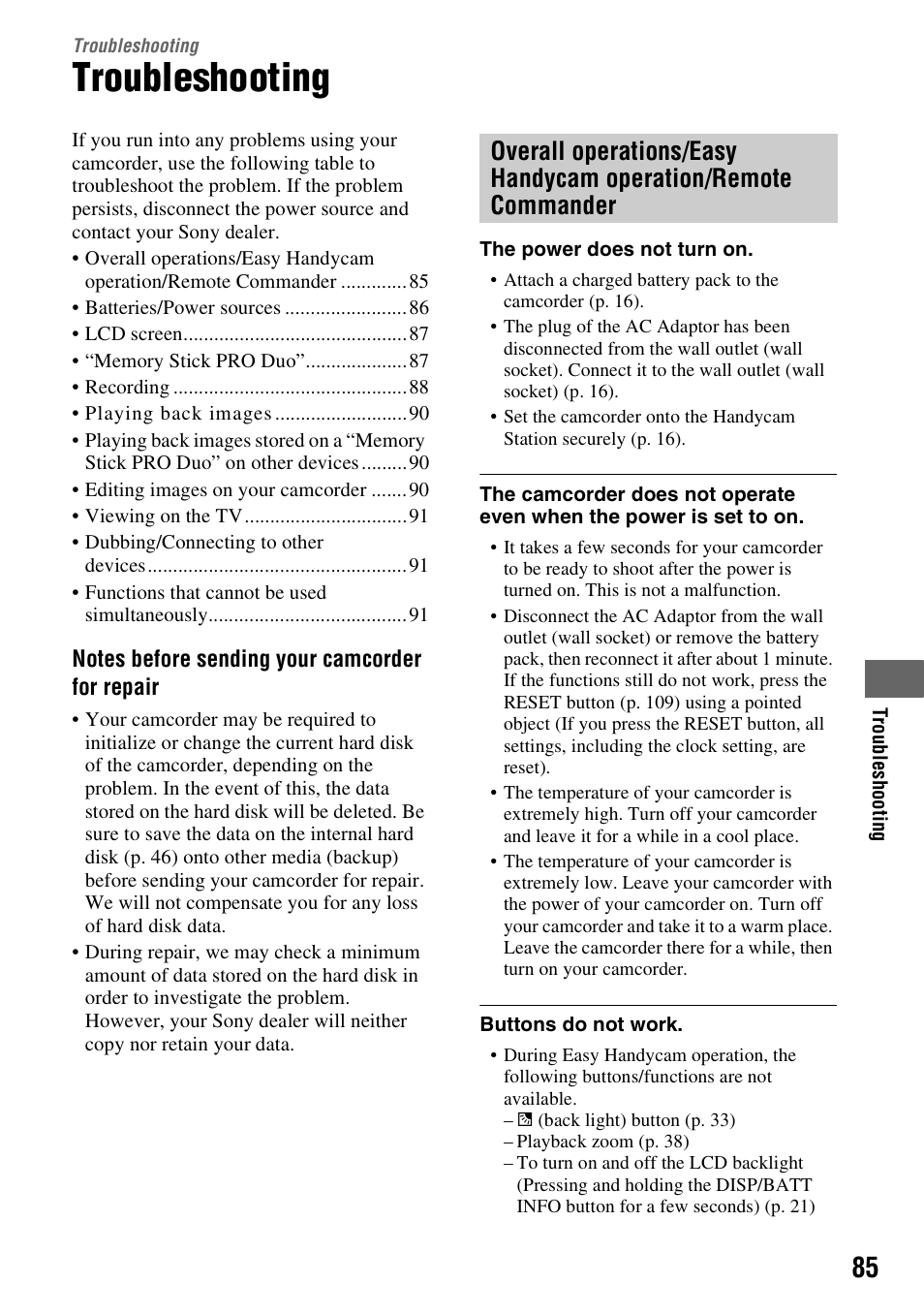 Troubleshooting | Sony HDR-SR10 User Manual | Page 85 / 119