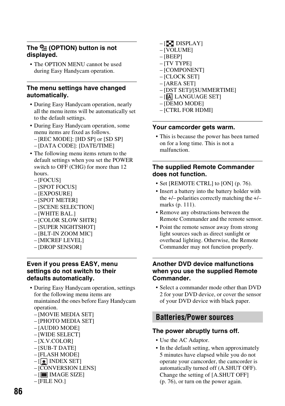 P. 86), Batteries/power sources | Sony HDR-SR10 User Manual | Page 86 / 119