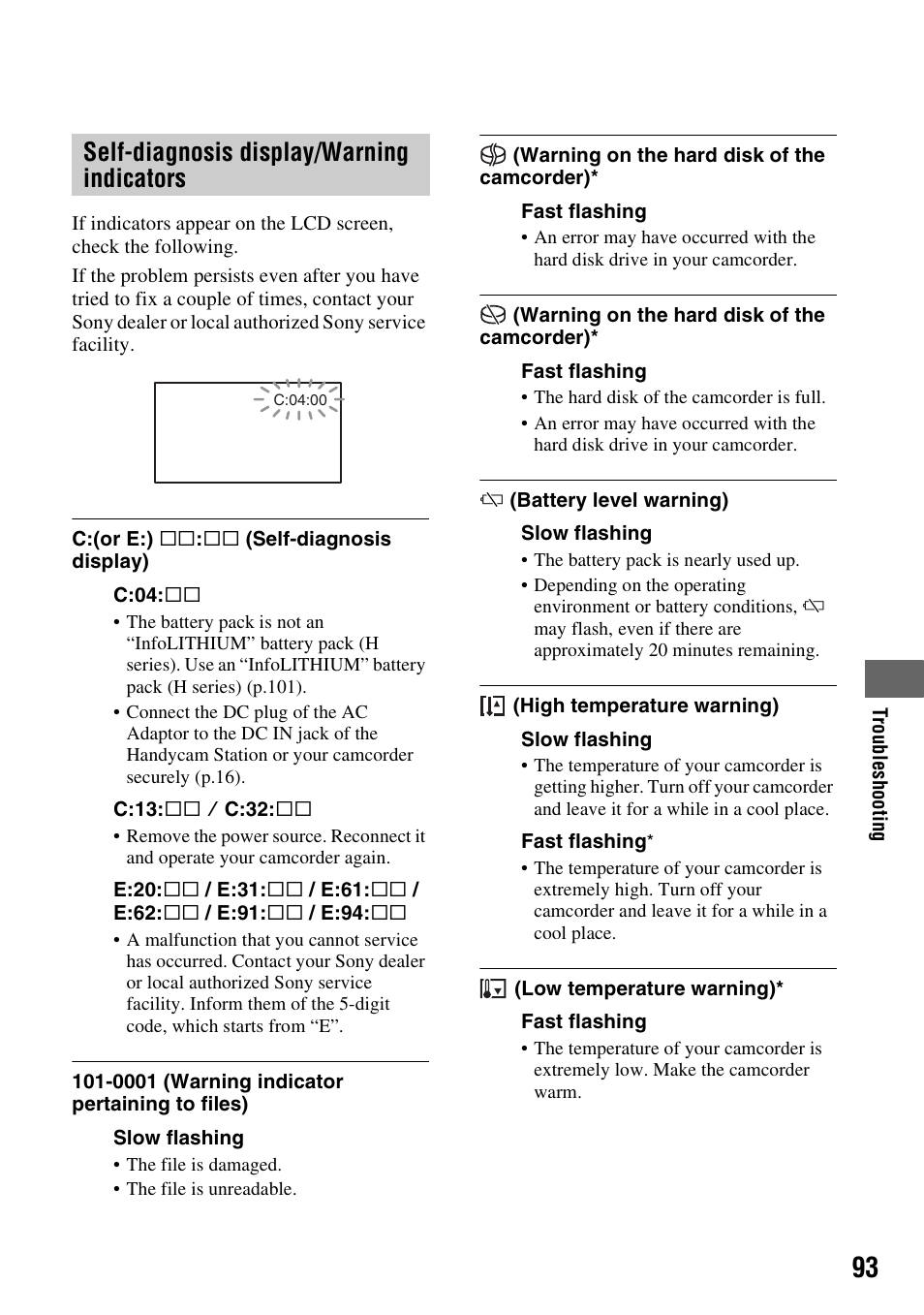Self-diagnosis display/warning indicators, P. 93), Self-diagnosis display/warning | Indicators | Sony HDR-SR10 User Manual | Page 93 / 119