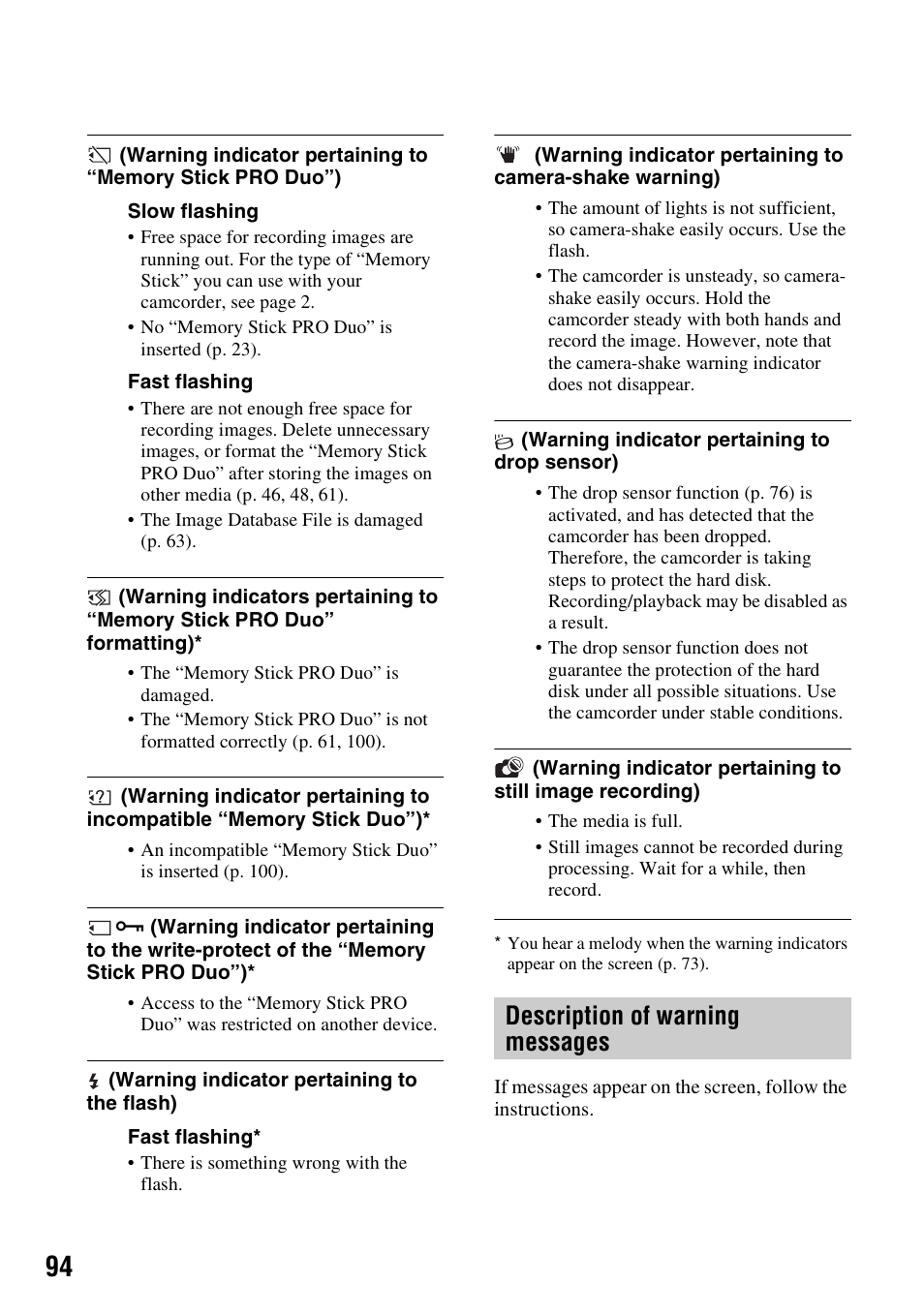 Description of warning messages | Sony HDR-SR10 User Manual | Page 94 / 119