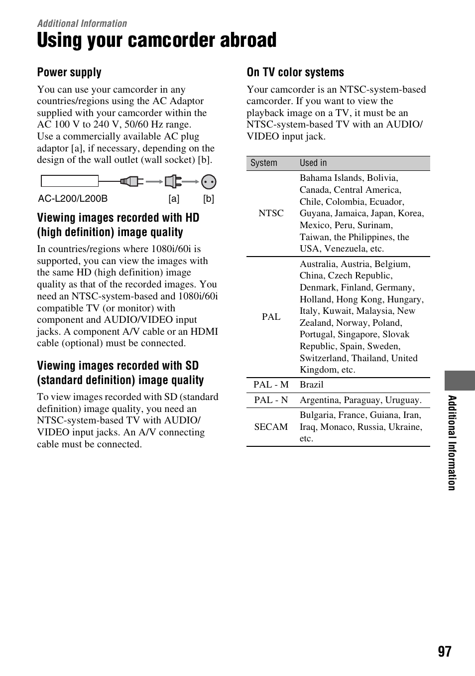 Additional information, Using your camcorder abroad, Additional | Information | Sony HDR-SR10 User Manual | Page 97 / 119