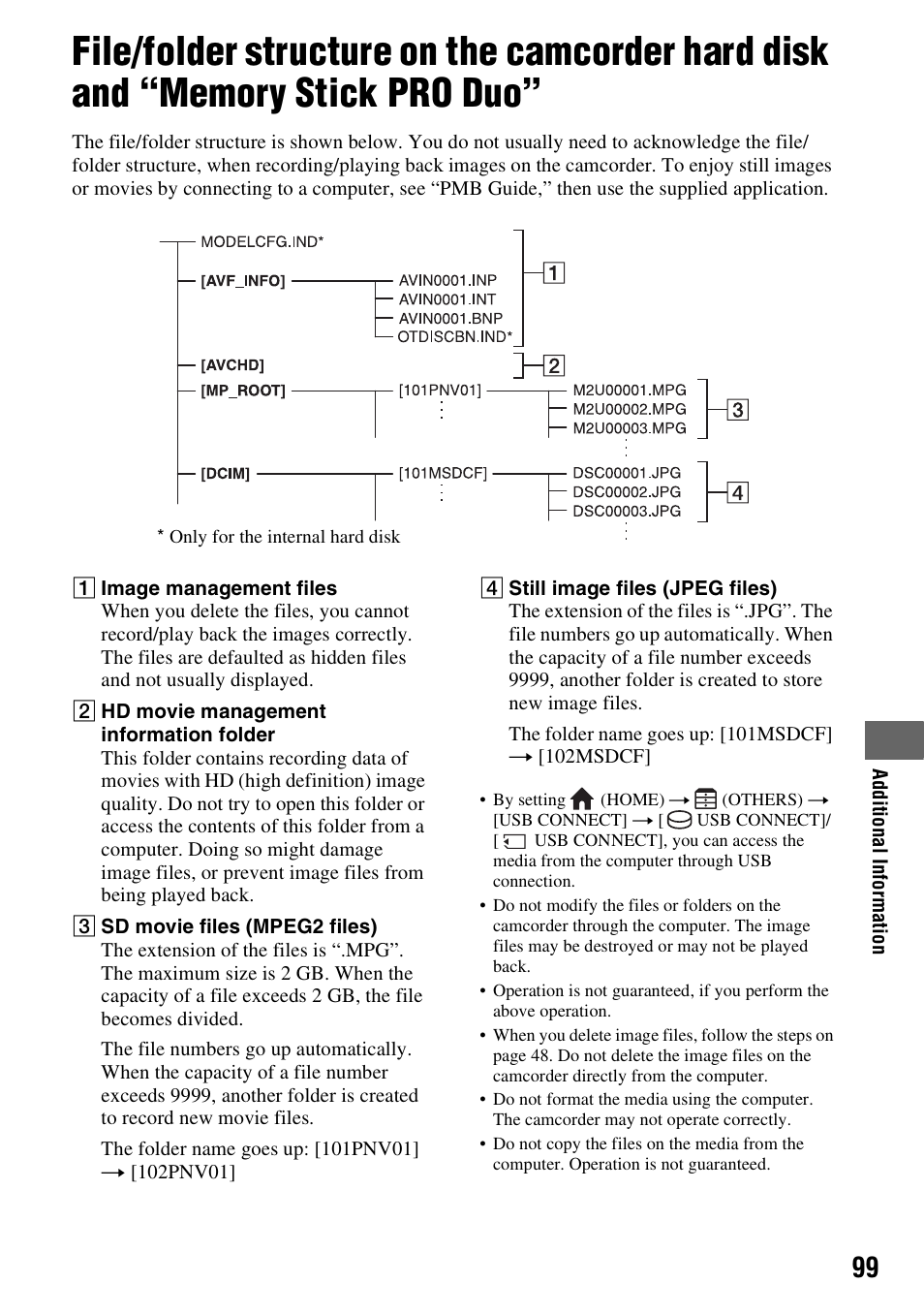 File/folder structure on the camcorder, Hard disk and “memory stick pro duo | Sony HDR-SR10 User Manual | Page 99 / 119