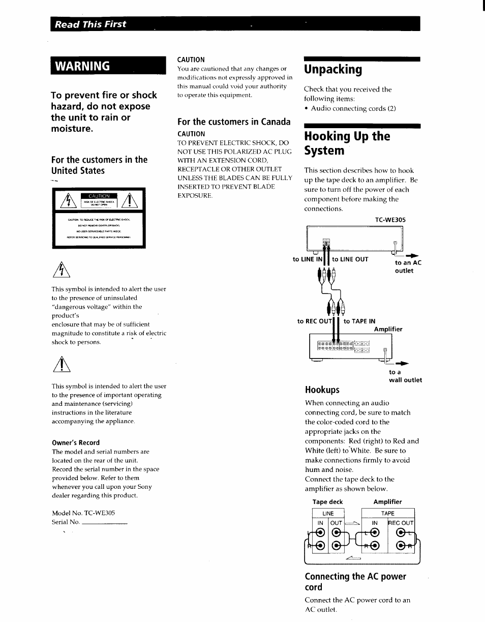 Warning, Unpacking, Hooking up the system | Read this first | Sony TC-WE305 User Manual | Page 2 / 8