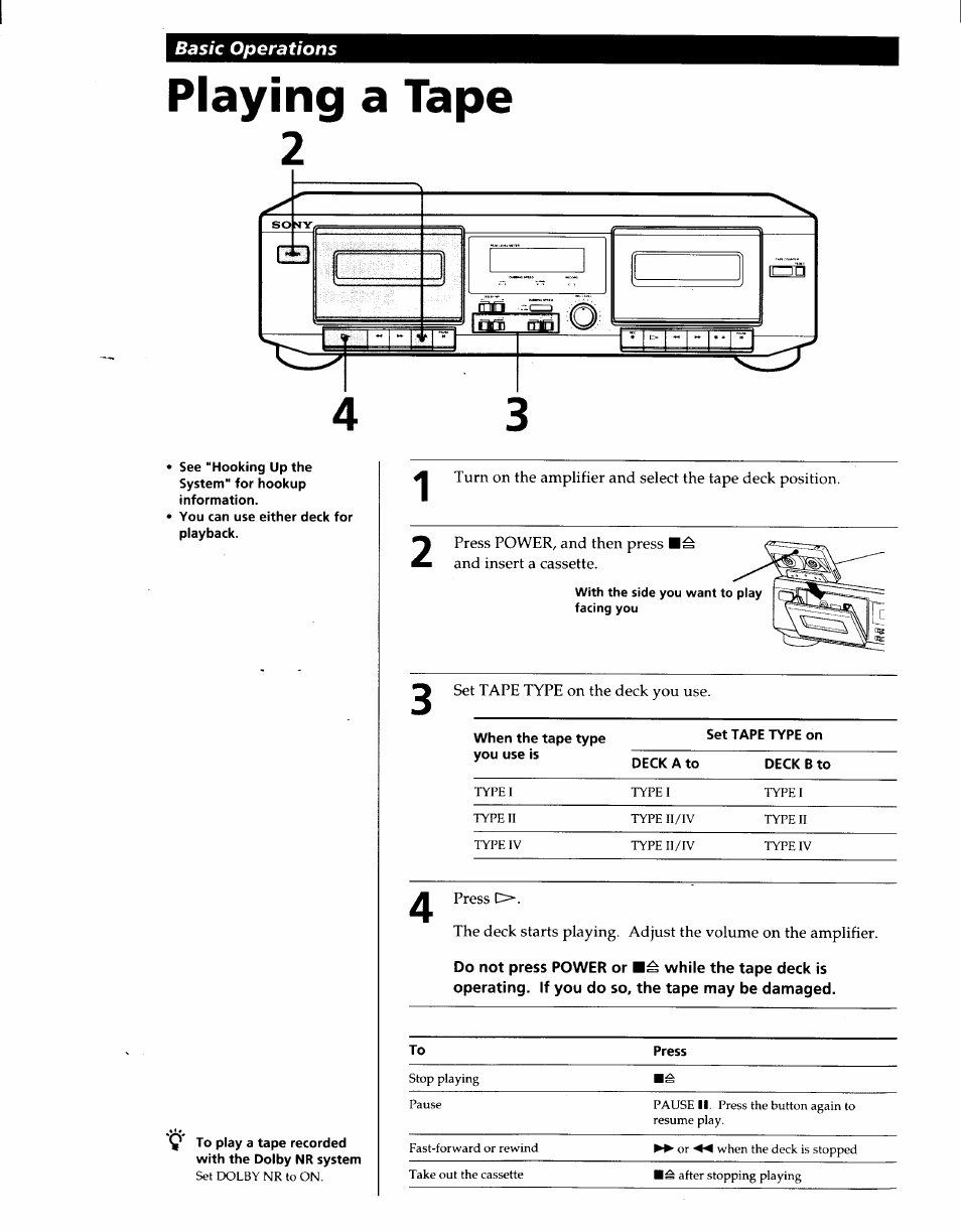 Playing a tape 2, Playing a tape | Sony TC-WE305 User Manual | Page 3 / 8