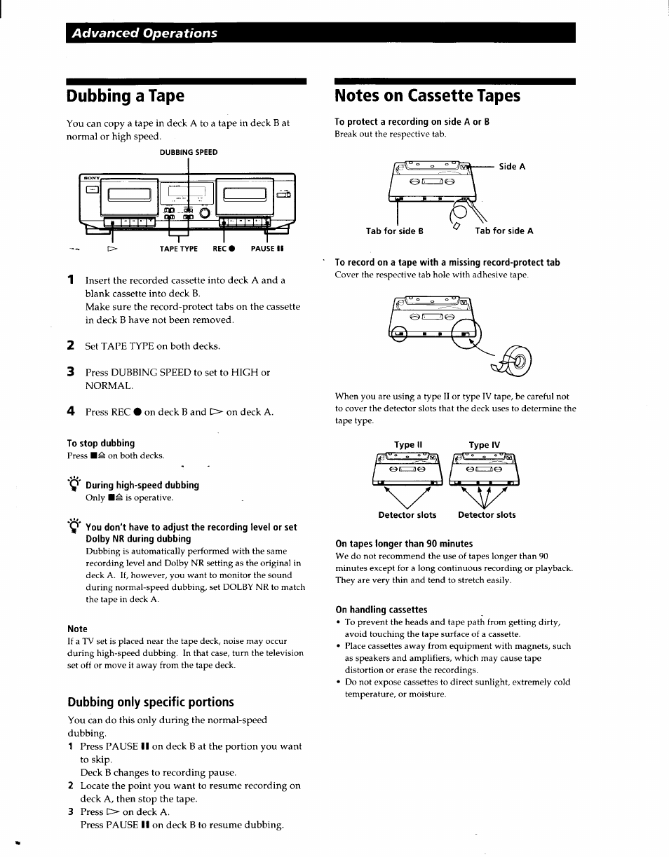 Dubbing a tape, Dubbing only specific portions, Notes on cassette tapes | Advanced operations | Sony TC-WE305 User Manual | Page 4 / 8