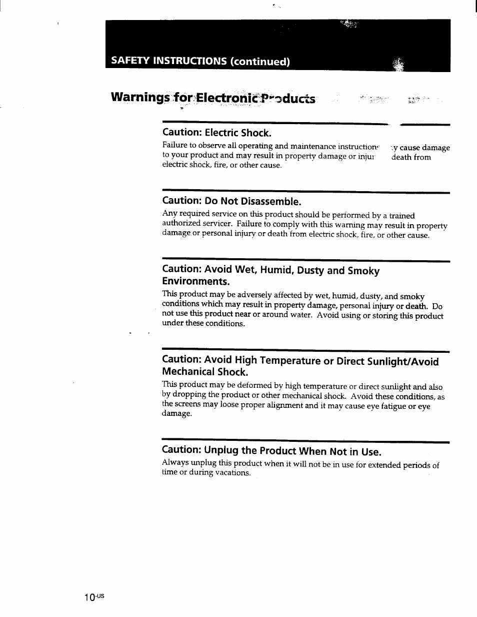 Caution: electric shock, Caution: do not disassemble, Caution: unplug the product when not in use | Warnings for electronic products | Sony PLM-S700 User Manual | Page 10 / 57