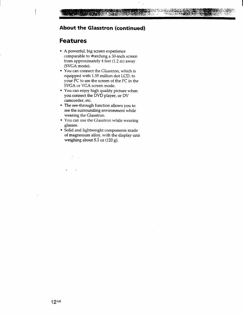 Features, About the glasstron (continued) | Sony PLM-S700 User Manual | Page 12 / 57